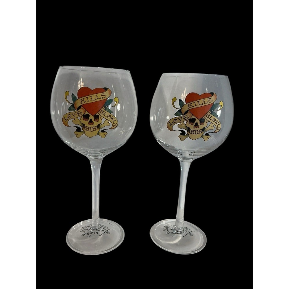 Ed Hardy Wine Glasses Set Of 2 Love Kills Slowly Skull Design